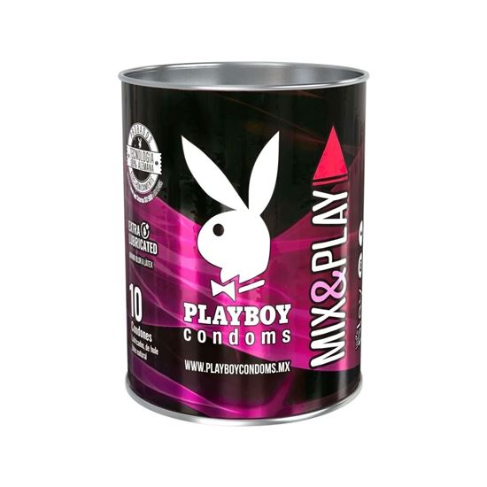 Imagen de Condones de látex lubricados Playboy Condoms Mix & Play lata con 10 pzas