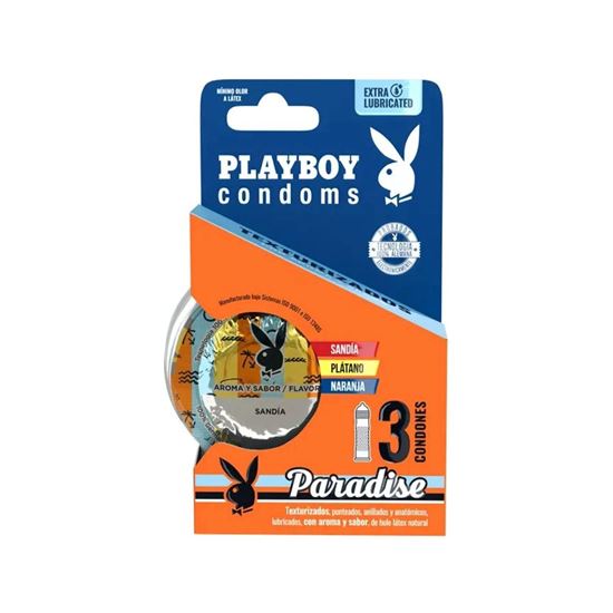 Imagen de Condones de látex lubricados y texturizados con aroma y sabor (sandía, plátano y naranja) Playboy Condoms Paradise 3 pzas