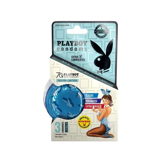 Imagen de Condones de látex lubricados mixtos (Classic, Texturized y Extra sensitive) Playboy Condoms 70 Aniversario empaque azul 3 pzas