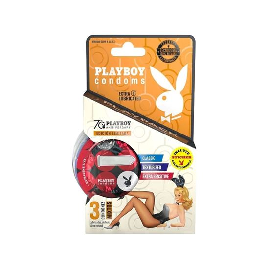 Imagen de Condones de látex lubricados mixtos (Classic, Texturized y Extra sensitive) Playboy Condoms 70 Aniversario empaque naranja 3 pzas