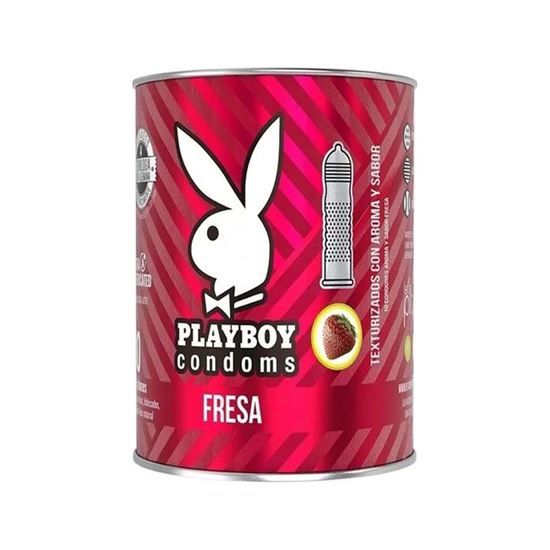 Imagen de Condones de látex lubricados y texturizados aroma y sabor fresa Playboy Condoms lata con 10 pzas
