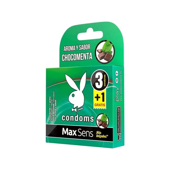 Imagen de Condones de látex lubricados delgados sabor chocomenta Playboy Condoms Max Sens 3 pzas + 1 gratis