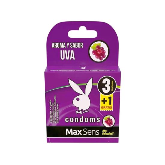 Imagen de Condones de látex lubricados delgados sabor uva Playboy Condoms Max Sens 3 pzas + 1 gratis