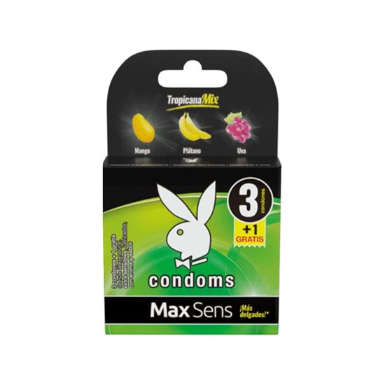 Imagen de Condones de látex lubricados delgados sabor mango, plátano y uva Playboy Condoms Max Sens Tropicana Mix 3 pzas + 1 gratis