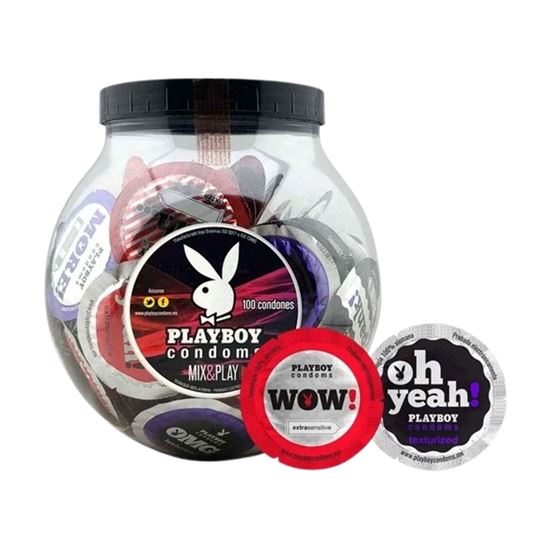Imagen de Condones de látex lubricados surtidos Playboy Condoms Mix & Play vitrolero con 100 pzas
