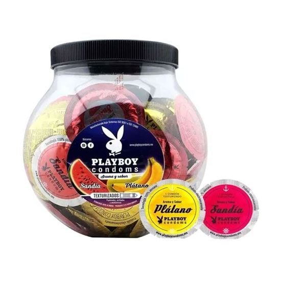 Imagen de Condones de látex lubricados y texturizados aroma y sabor sandía y plátano Playboy Condoms vitrolero con 100 pzas