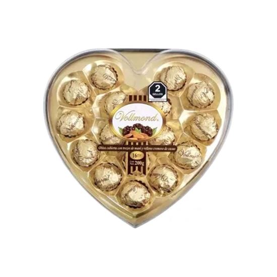 Imagen de Chocolates con maní y relleno cremoso Vollmond caja corazón acrílico 16 pzas (200g)