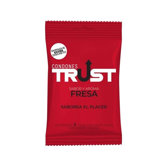 Imagen de Condones masculinos de látex sabor y aroma fresa Trust 3 pzas