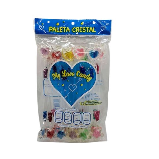 Imagen de Paleta cristal de caramelo en forma de corazón y estrellas My Love Candy 20 pzas (275g)