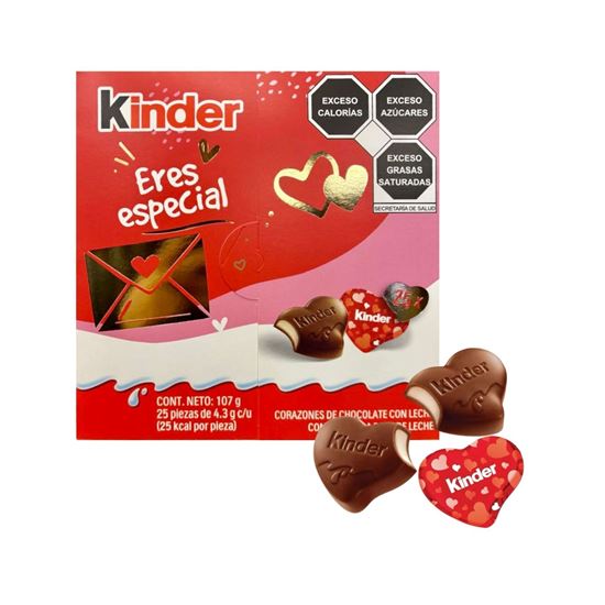 Imagen de Corazones de chocolate con leche Kinder “Eres especial” edición San Valentín 25 pzas de 4.3g c/u (107g)