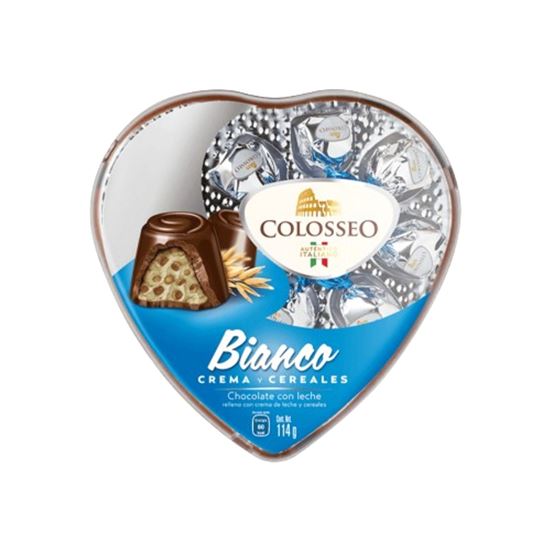 Imagen de Chocolate con leche con relleno cremoso y cereal Colosseo Bianco caja corazón acrílico 114g