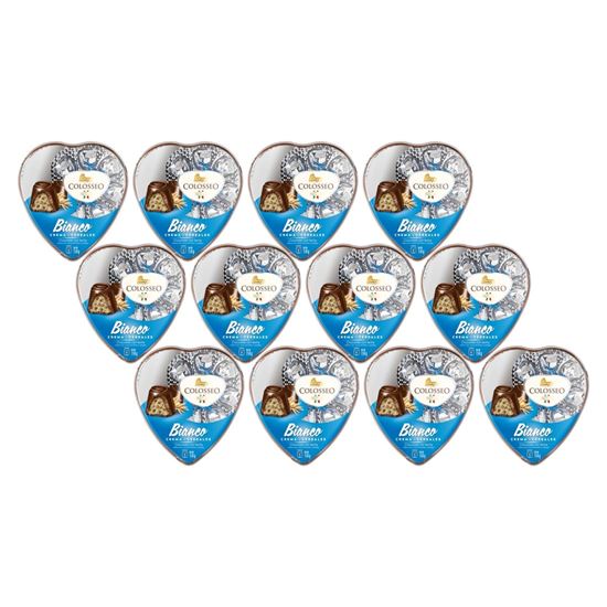 Imagen de Chocolate con leche con relleno cremoso y cereal Colosseo Bianco corazón acrílico caja con 24 pzas de 114g c/u