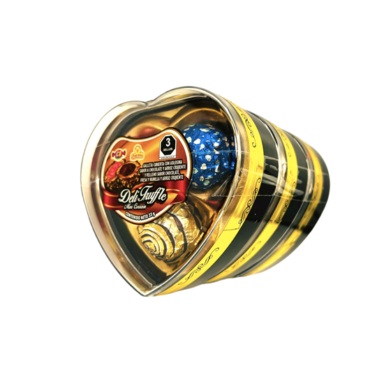 Imagen de Chocolates con galleta y relleno sabor chocolate, fresa y vainilla Las Delicias Deli Truffle caja corazón acrílico pack 3 pzas con 33g c/u