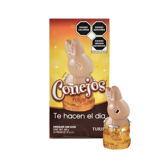 Imagen de Chocolate con leche Turín Conejos display con 24 pzas de 20g c/u (480g)