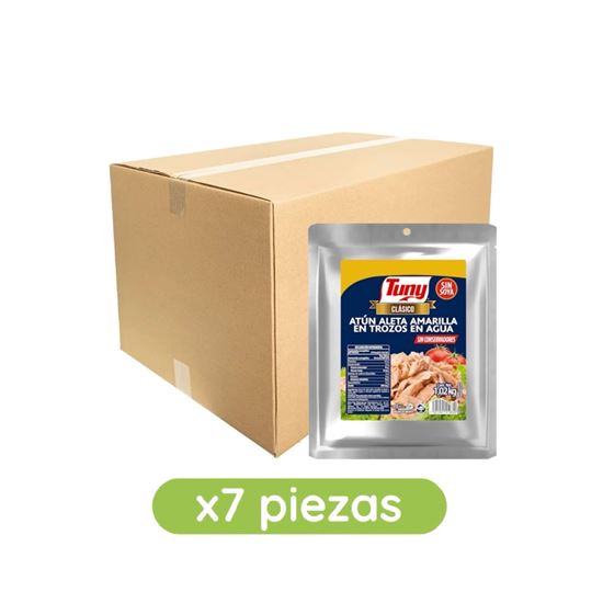 Imagen de Atún aleta amarilla en trozos en agua sin soya Tuny Clásico pouch caja con 7 pzas de 1.02kg c/u