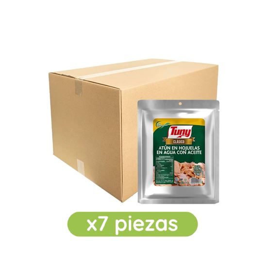 Imagen de Atún aleta amarilla en trozos en agua con aceite sin soya Tuny Clásico pouch caja con 7 pzas de 1.02kg c/u