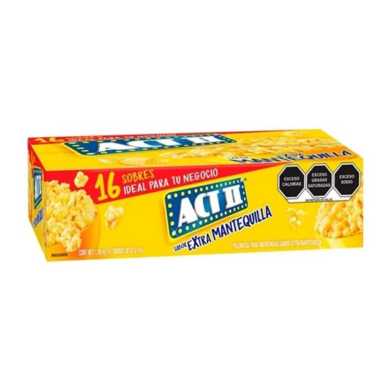 Imagen de Palomitas de maíz para microondas sabor extra mantequilla ACT II caja con 16 sobres de 87g c/u (1.39kg)
