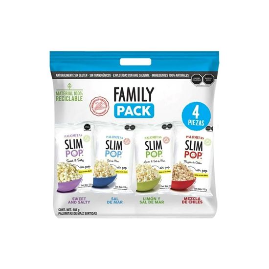 Imagen de Palomitas de maíz hechas con aire caliente sabores surtidos Slim Pop Family Pack 4 pzas de 110g c/u (455g)
