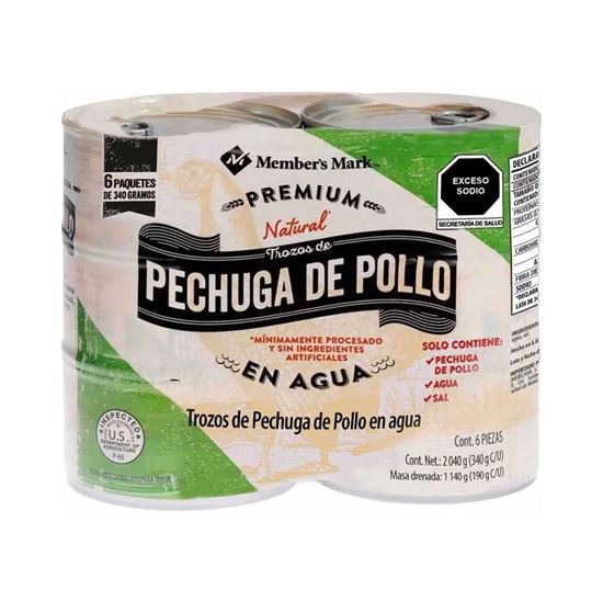 Imagen de Trozos de pechuga de pollo premium natural en agua Member's Mark en lata 6 pzas de 340g c/u (2.04kg)