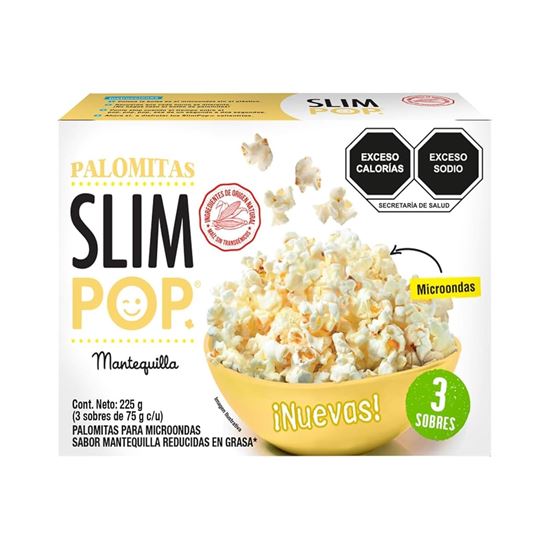 Imagen de Palomitas de maíz para microondas sabor mantequilla reducidas en grasa Slim Pop caja con 3 pzas de 73g c/u (219g)