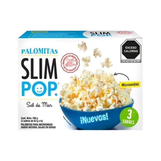 Imagen de Palomitas de maíz para microondas sabor de mar bajas en grasa Slim Pop caja con 3 pzas de 63g c/u (189g)