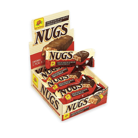 Imagen de Caramelo de leche con cacahuate cubierto de chocolate De la Rosa Nugs 12 pzas de 25g c/u (300g)