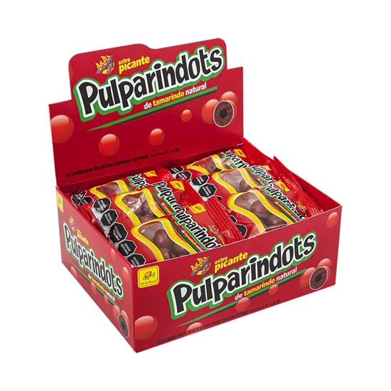 Imagen de Bolitas de dulce de tamarindo confitado De la Rosa Pulparindots Extra Picante 20 pzas de 30g c/u (600g)