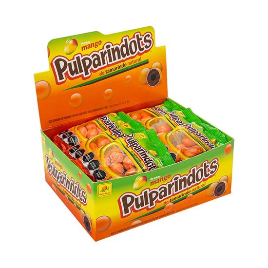 Imagen de Bolitas de dulce de tamarindo confitado De la Rosa Pulparindots sabor mango 20 pzas de 30g c/u (600g)