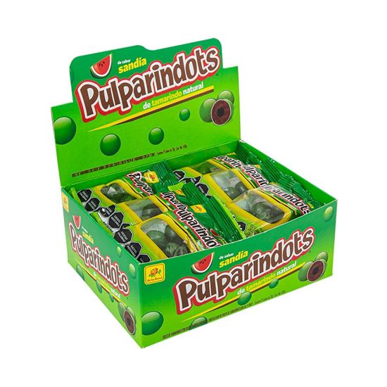Imagen de Bolitas de dulce de tamarindo confitado De la Rosa Pulparindots sabor sandía 20 pzas de 30g c/u (600g)
