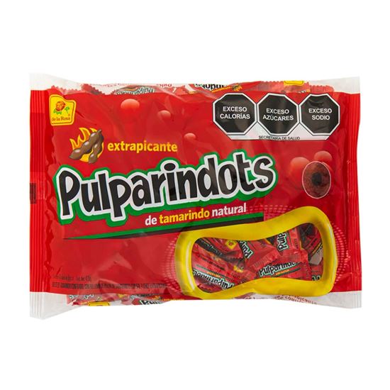 Imagen de Bolitas de dulce de tamarindo confitado De la Rosa Pulparindots Extra Picante bolsa con 70 pzas de 6g c/u (420g)