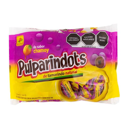 Imagen de Bolitas de dulce de tamarindo confitado De la Rosa Pulparindots sabor chamoy bolsa con 70 pzas de 6g c/u (420g)