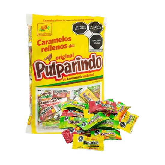 Imagen de Caramelo macizo sabores surtidos relleno de tamarindo De la Rosa Pulparindo 100 pzas de 5g c/u (500g)