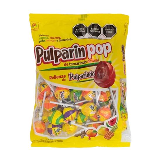 Imagen de Paleta de caramelo sabores surtidos rellena de tamarindo De la Rosa Pulparinpop 50 pzas de 19g c/u (950g)