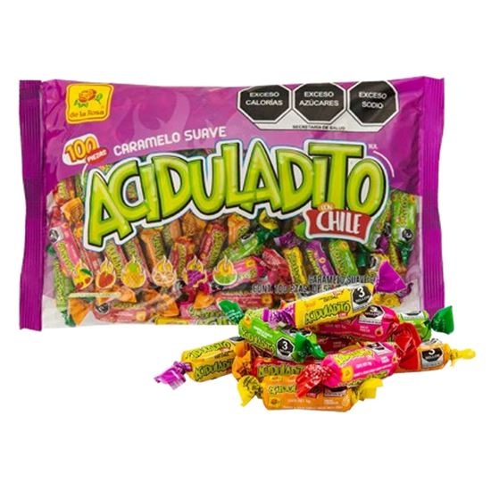 Imagen de Caramelo suave sabores surtidos con chile De la Rosa Aciduladito 100 pzas de 5g c/u (500g)
