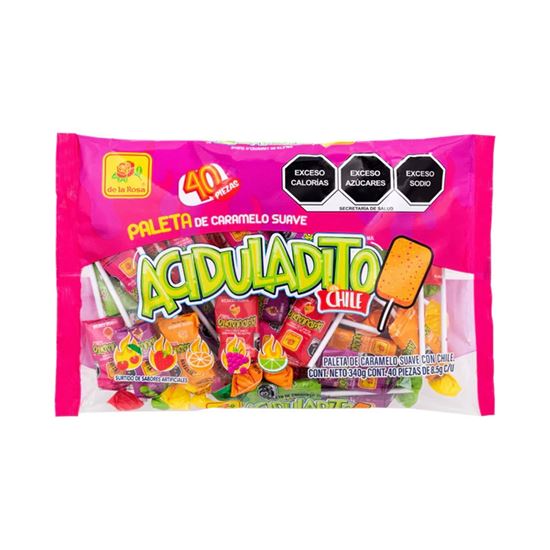 Imagen de Paleta de caramelo suave sabores surtidos con chile De la Rosa Aciduladito 40 pzas de 8.5g c/u (340g)