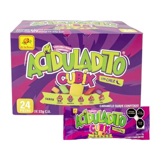 Imagen de Caramelo suave confitado sabores surtidos con chile De la Rosa Aciduladito Cubix 24 pzas de 22g c/u (528g)