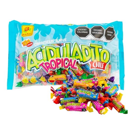 Imagen de Caramelo suave sabores surtidos con chile De la Rosa Aciduladito Tropical 100 pzas de 5g c/u (500g)