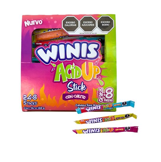 Imagen de Caramelo suave acidito sabores surtidos con chilito Winis Acid Up Stick 32 pzas (160g)