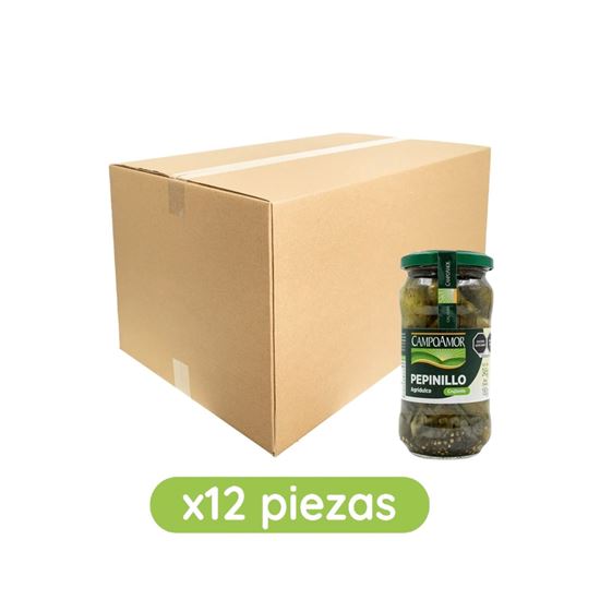 Imagen de Pepinillo agridulce crujiente entero CampoAmor frasco caja con 12 pzas de 345g c/u