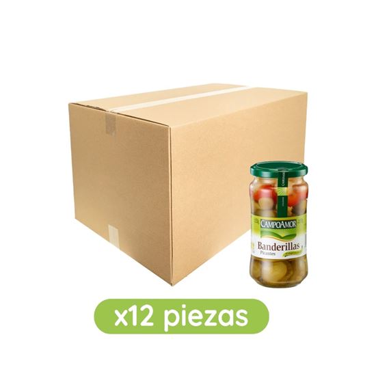 Imagen de Banderilla picante (pepinillo, cebollita, aceituna, guindilla y pimiento) al vinagre puro de vino CampoAmor frasco caja con 12 pzas de 330g c/u