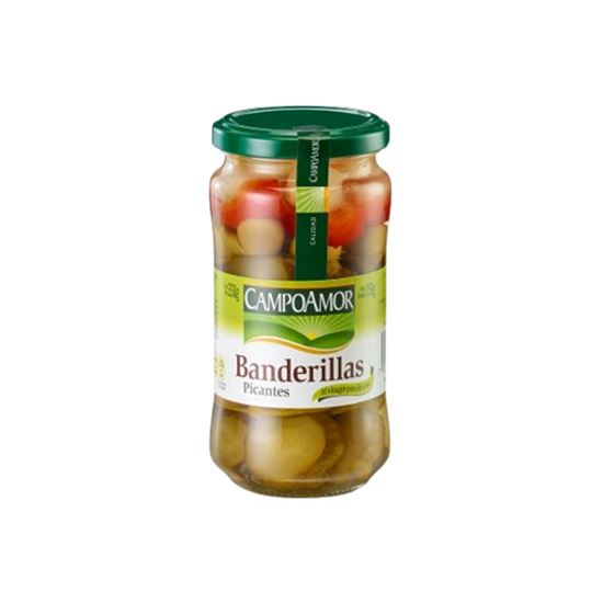 Imagen de Banderilla picante (pepinillo, cebollita, aceituna, guindilla y pimiento) al vinagre puro de vino CampoAmor frasco 330g