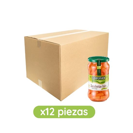 Imagen de Zanahorias baby aliñadas al vinagre puro de vino CampoAmor frasco caja con 12 pzas de 345g c/u