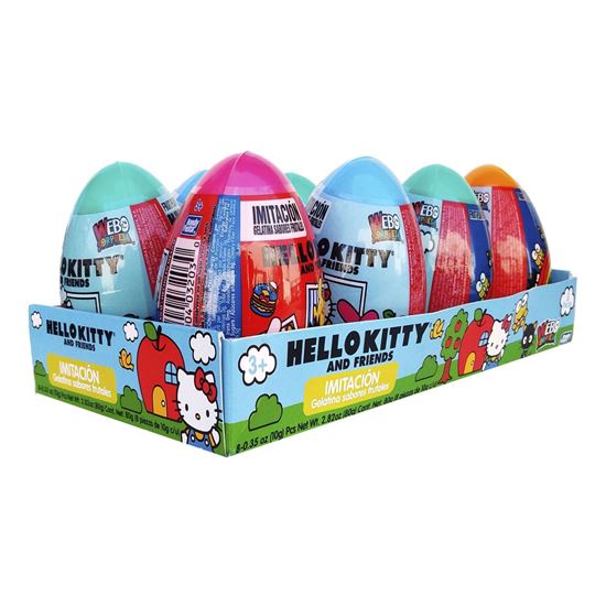 Imagen de Huevo de juguete con dulce gelatinas de sabores frutales Bondy Fiesta Webo Sorpresa Hello Kitty and Friends 8 pzas de 10g c/u (80g)