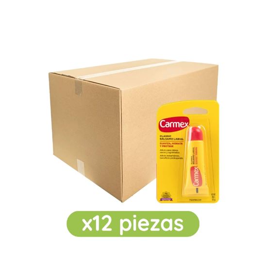 Imagen de Bálsamo labial hidratante sabor original Carmex Classic en tubo caja con 12 pzas de 10g c/u (120g)