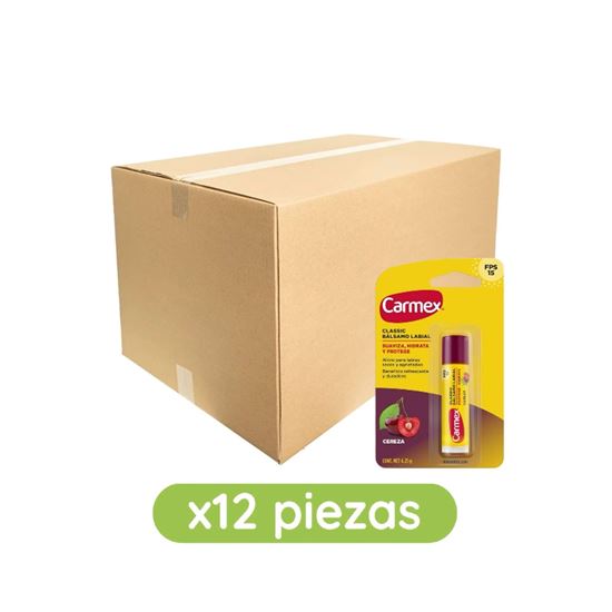 Imagen de Bálsamo labial hidratante sabor cereza FPS 15 Carmex Classic en barra caja con 12 pzas de 4.25g c/u (51g)