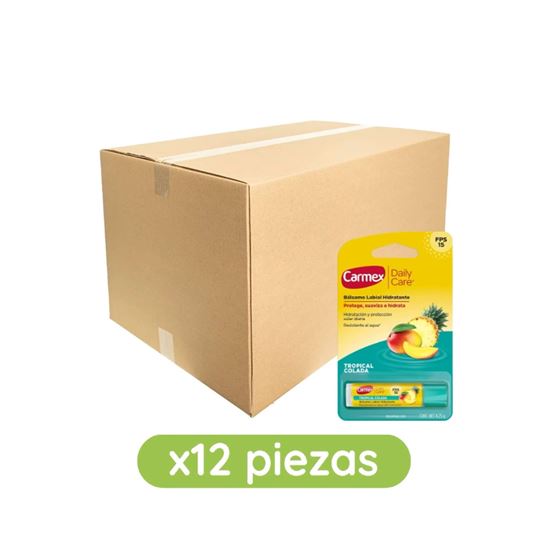 Imagen de Bálsamo labial hidratante sabor tropical colada FPS 15 Carmex Daily Care en barra caja con 12 pzas de 4.25g c/u (51g)