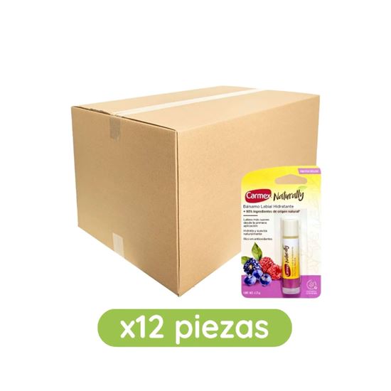 Imagen de Bálsamo labial hidratante sabor frutos rojos Carmex Naturally en barra caja con 12 pzas de 4.25g c/u (51g)