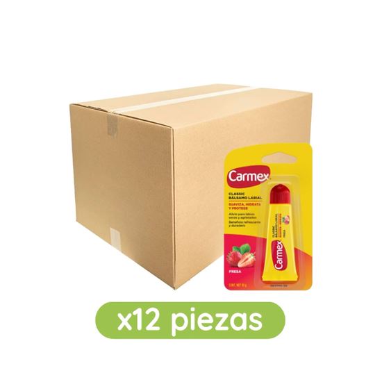 Imagen de Bálsamo labial hidratante sabor fresa Carmex Classic en tubo caja con 12 pzas de 10g c/u (120g)