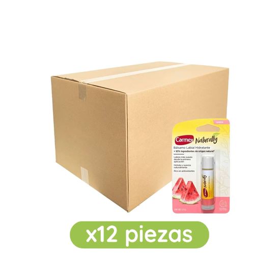 Imagen de Bálsamo labial hidratante sabor sandía Carmex Naturally en barra caja con 12 pzas de 4.25g c/u (51g)