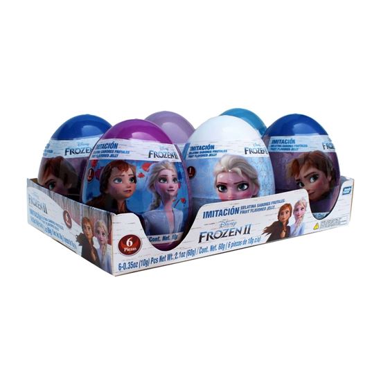 Imagen de Huevo de juguete con dulce gelatinas de sabores frutales Bondy Fiesta Mega Webo Sorpresa Frozen 6 pzas de 10g c/u (60g)
